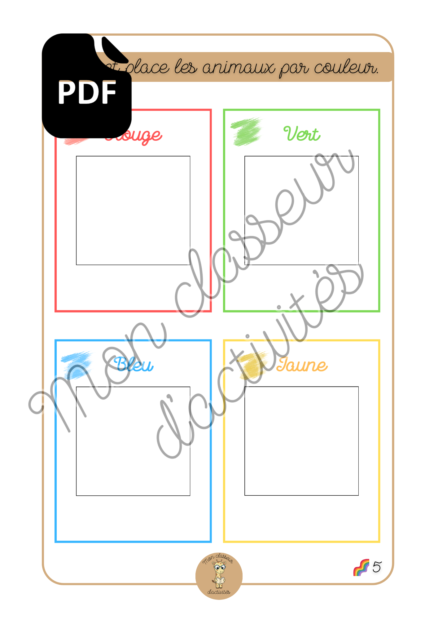 PDF - Les couleurs - Fiche 5 "Trie et place les animaux par couleur"