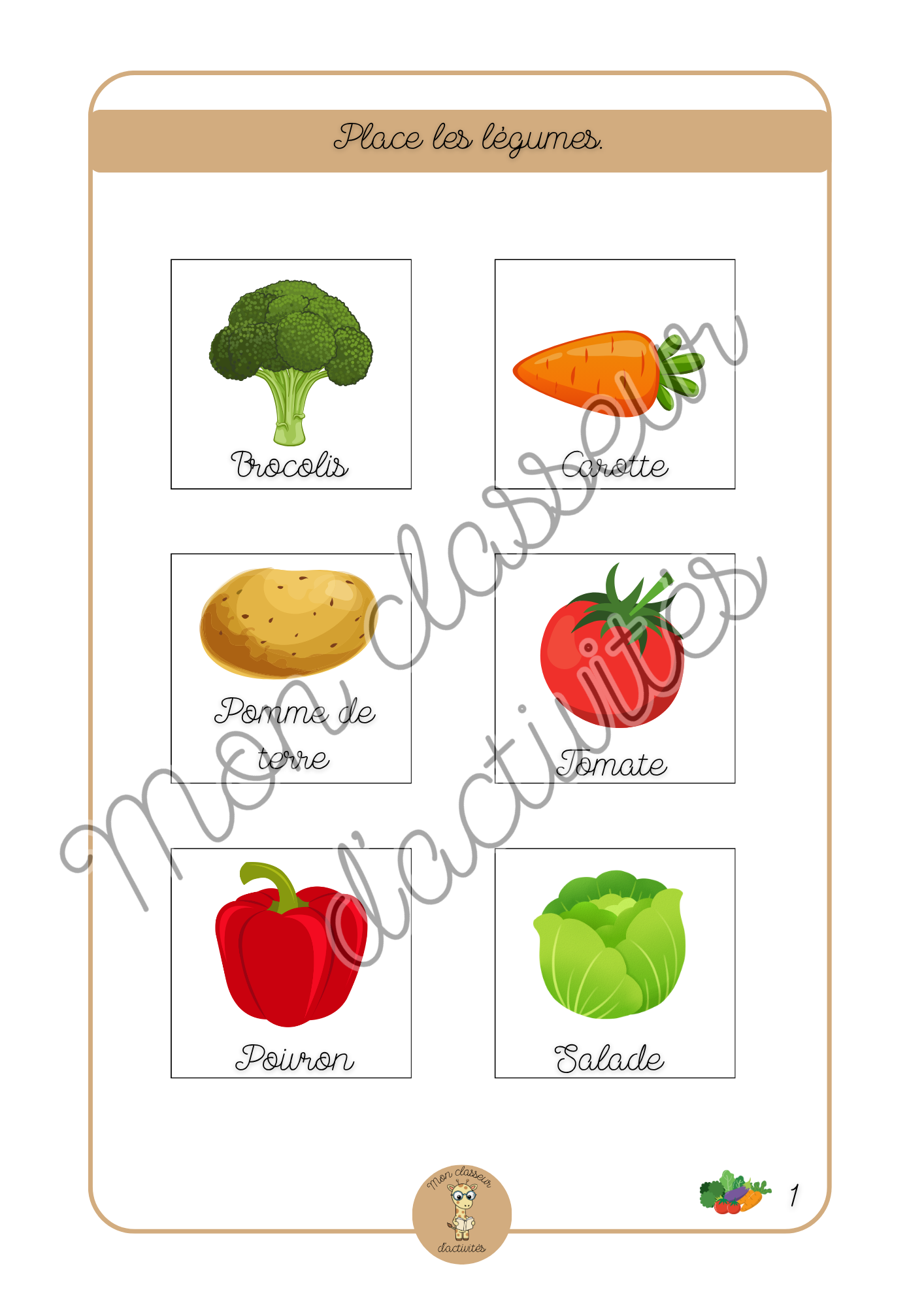 Les fruits et légumes - Fiche 1 "Place les légumes (partie1)"